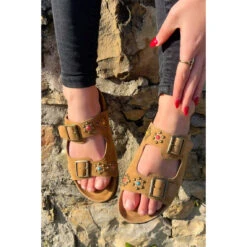 Sandales Femme En Cuir - Jaune