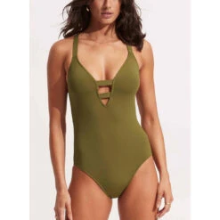 Seafolly Maillot De Bain 1 Pièce Plongeant - Vert Collective